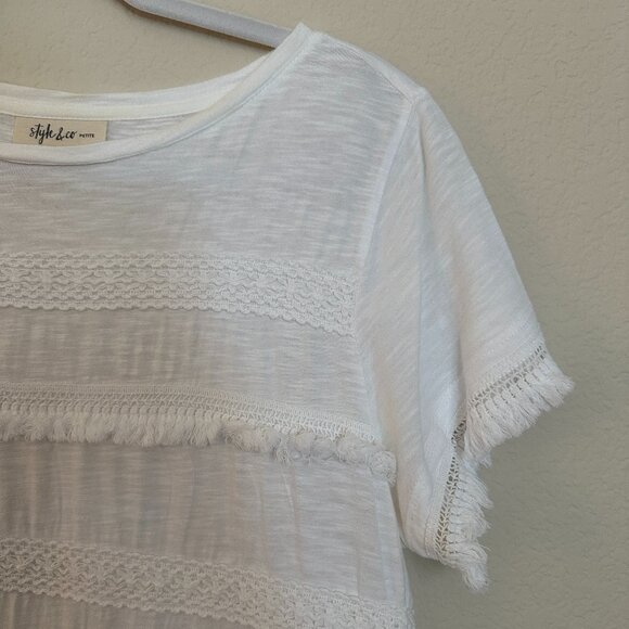 Style & Co White Short Sleeve Top with Fringe Detail - Picture 2 of 4